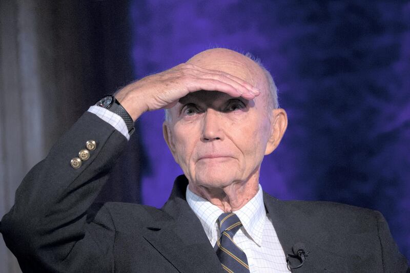 US Apollo 11 astronaut Michael Collins is seen at the National Press Club in Washington, DC, to discuss the impact of his historic mission to the moon on April 15, 2019. - During the Apollo 11 Mission while he stayed in orbit around the Moon, Neil Armstrong and Buzz Aldrin left in the Apollo Lunar Module to make the first crewed landing on the Moon's surface. (Photo by Eric BARADAT / AFP)