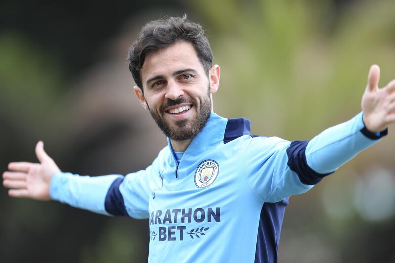 LISBON, PORTUGAL - AUGUST 11: Bernardo Silva of Manchester City takes part in a stretching session in the build up to the UEFA Champions League Quarter Final match at the team hotel on August 11, 2020 in Lisbon, Portugal. (Photo by Victoria Haydn/Manchester City FC via Getty Images)