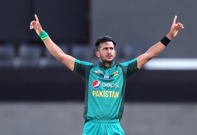 Dubai, United Arab Emirates - September 16, 2018: Hasan Ali of Pakistan takes the wicket of Christopher Carter of Hong Kong in the game between Pakistan and Hong Kong in the Asia cup. Sunday, September 16th, 2018 at Sports City, Dubai. Chris Whiteoak / The National