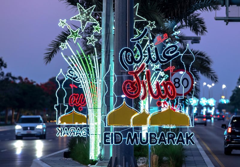 Eid Mubarak lights at the Corniche in Abu Dhabi.  Shot on May 9, 2021.  Victor Besa / The National.