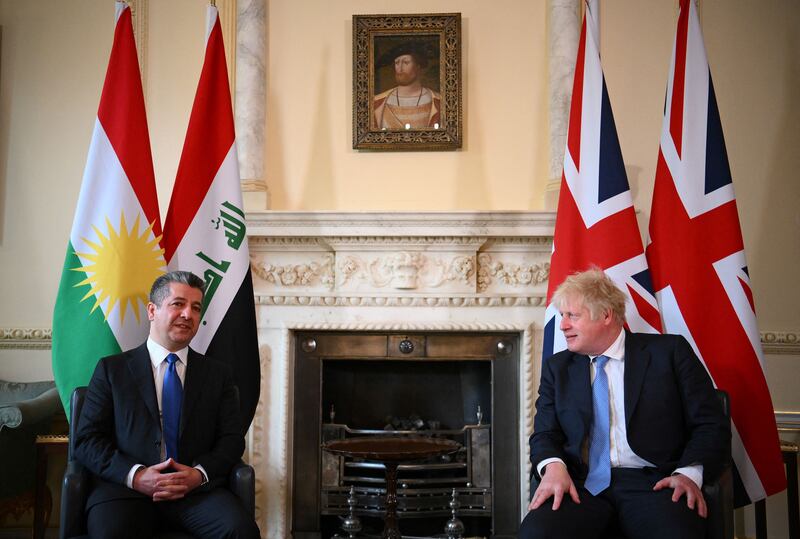 Boris Johnson and Masrour Barzani meet at No. 10 Downing Street in central London. AFP