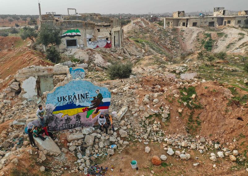 A mural painted by Syrian artists in the rebel-held town of Binnish in Syria's Idlib province to protest against Russia's military operation in Ukraine. AFP