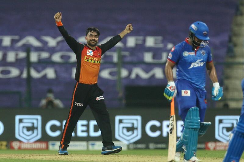 Rashid Khan of Sunrisers Hyderabad celebrates the wicket of Rishabh Pant of Delhi Capitals during match 11 of season 13 of the Dream 11 Indian Premier League (IPL) between the Delhi Capitals and the Sunrisers Hyderabad held at the Sheikh Zayed Stadium, Abu Dhabi in the United Arab Emirates on the 29th September 2020.  Photo by: Vipin Pawar  / Sportzpics for BCCI