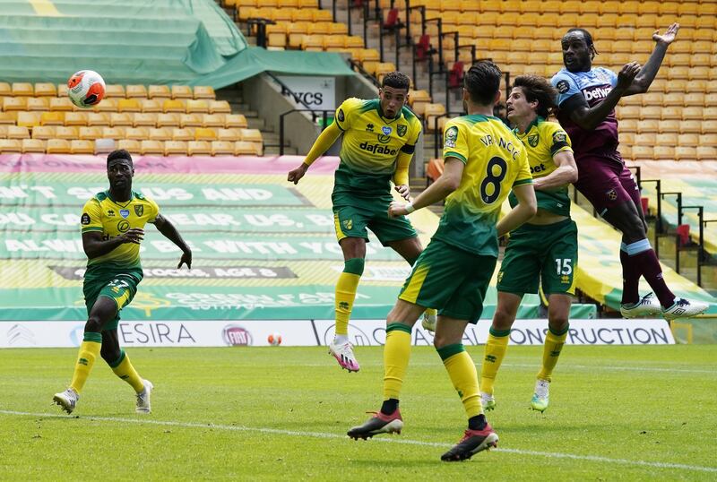 Michail Antonio heads home his second goal. EPA