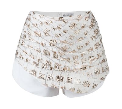 Sweep Me Sideways white-on-gold shorts, Dh470, Nud The Label 