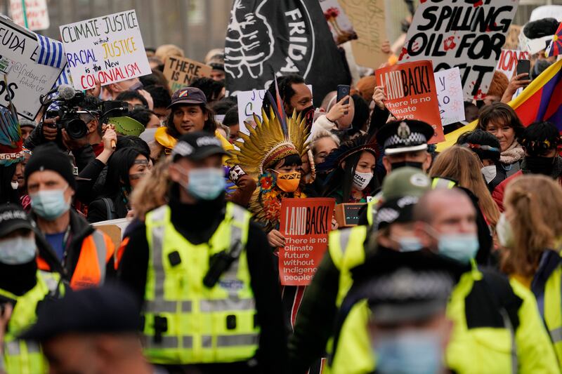 The protest was part of a series of demonstrations being staged around the world on Friday and Saturday to coincide with the climate change conference in Scotland. AP Photo