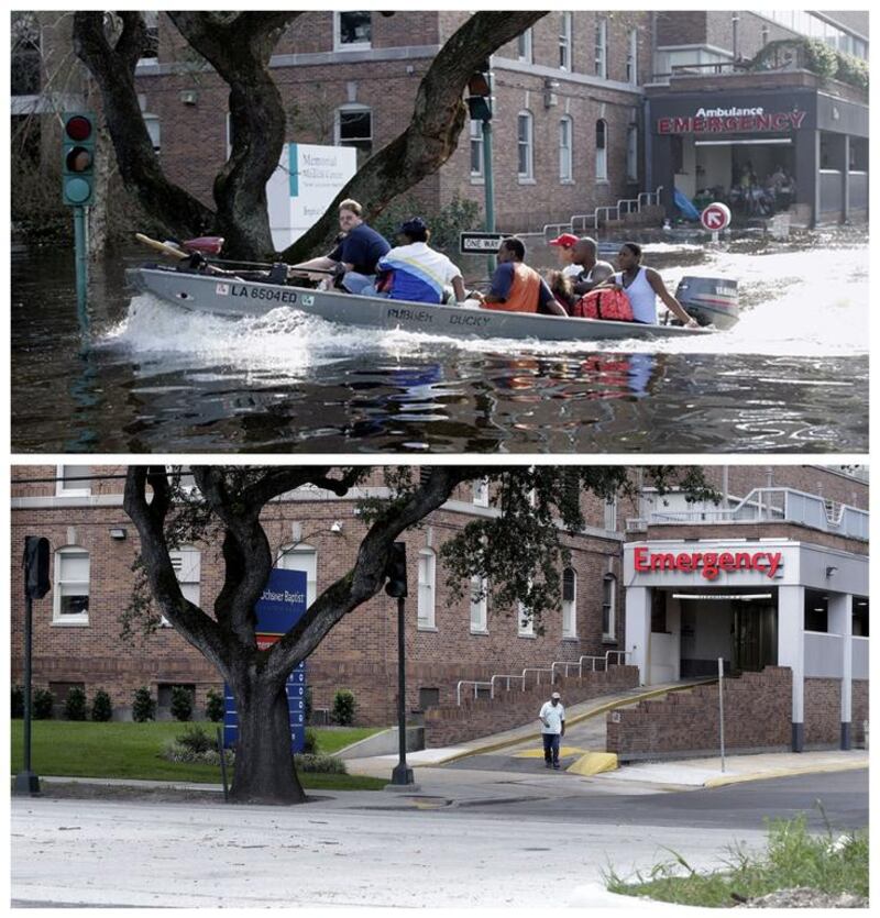 Patients and staff of the Memorial Medical Center in New Orleans are evacuated by boat and a decade later, the renamed Ochsner Baptist Hospital.
