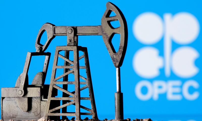 FILE PHOTO: A 3D printed oil pump jack is seen in front of displayed Opec logo in this illustration picture, April 14, 2020. REUTERS/Dado Ruvic/Illustration/File Photo