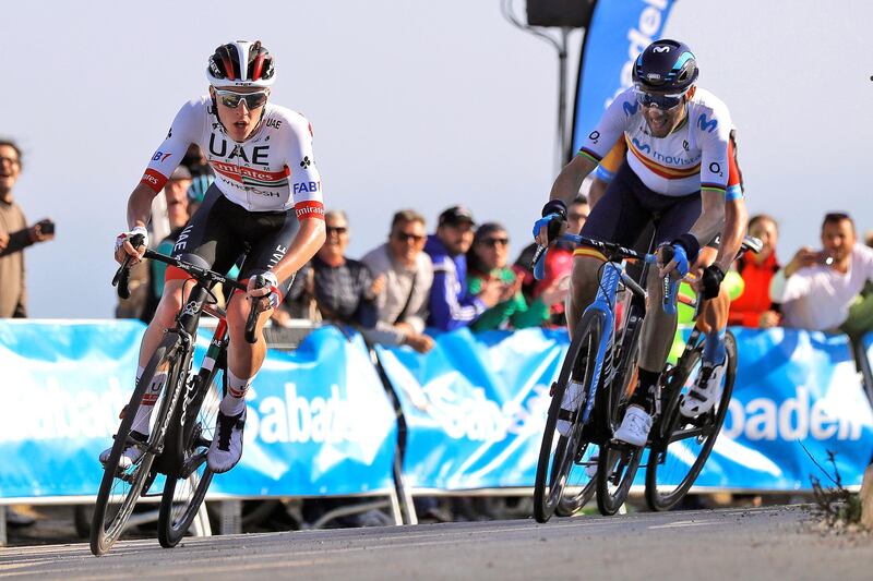 epa08198085 Slovenian rider Tadej Pogacar (L) of the UAE-Team Emirates is on his way to win the second stage of the 71st Volta a la Comunidad Valenciana cycling tour over 181km from Torrent to Cullera, eastern Spain, 06 February 2020. Pogacar won ahead of second placed Spanish rider Alejandro Valverde (R) of the Movistar Team.  EPA/MANUEL BRUQUE