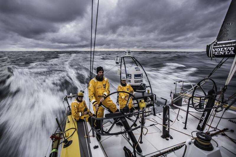 From left, Luke Parkinson, Simon Fisher and Roberto "Chuny" Bermudez aboard Abu Dhabi Ocean Racing's Azzam on November 22, 2014, during Leg 2 of the Volvo Ocean Race. Matt Knighton / Abu Dhabi Ocean Racing