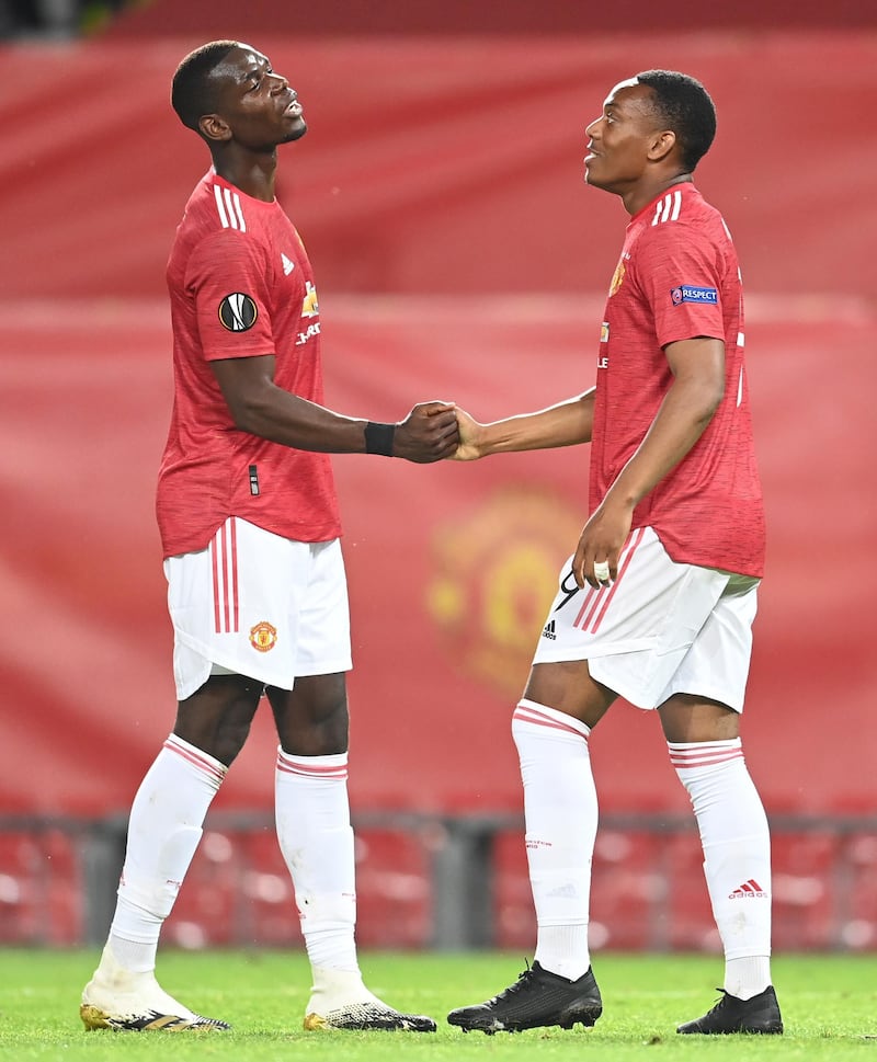 Anthony Martial of Manchester United celebrates with Paul Pogba. Getty