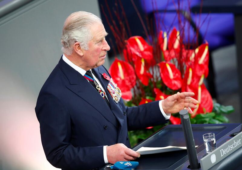 Britain's Prince Charles holds a speech at the German lower house of parliament Bundestag as he and his wife Camilla, Duchess of Cornwall, attend an official Remembrance Day ceremony in Berlin, Germany, Nov. 15, 2020. (Axel Schmidt/Pool via AP)