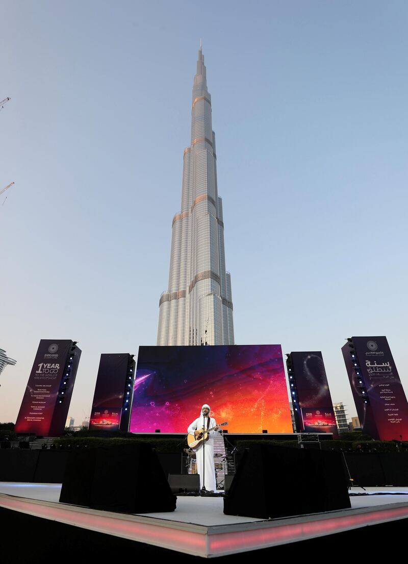 Dubai, United Arab Emirates - October 20, 2019: Khalifa performs at the One year to go celebrations. Sunday the 20th of October 2019. Burj Park, Dubai. Chris Whiteoak / The National