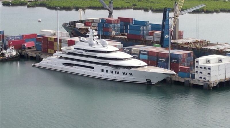 Drone video footage shows the Russian-owned superyacht 'Amadea' docked at Queen's Wharf in Lautoka, Fiji, in May. Reuters
