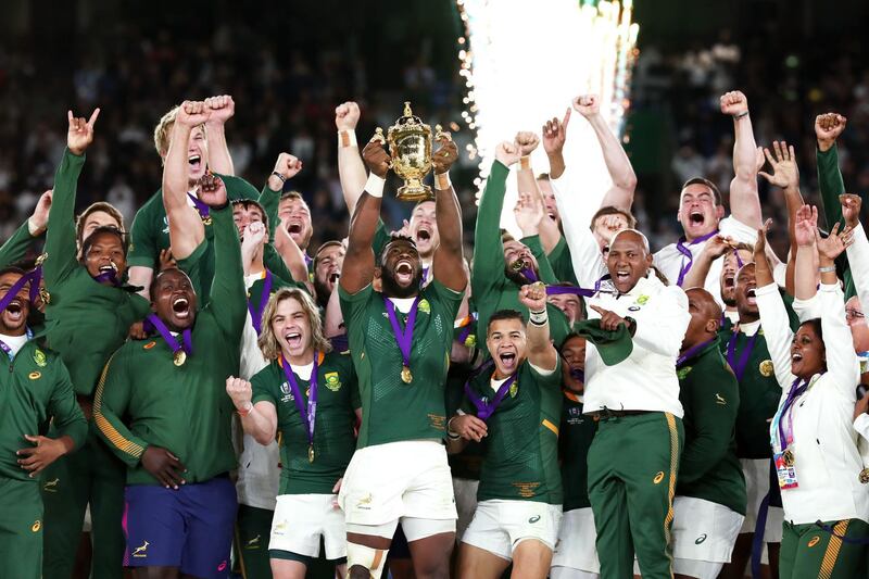 Siya Kolisi of South Africa lifts the Web Ellis cup following his team's victory against England in the Rugby World Cup 2019 Final between England and South Africa at International Stadium Yokohama = in Yokohama, Kanagawa, Japan.  Getty Images