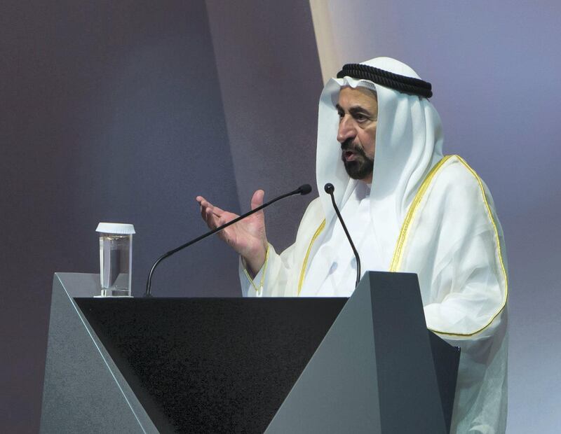 DUBAI, UNITED ARAB EMIRATES -HH Sheikh Dr. Sultan bin Muhammad Al Qasimi, UAE Supreme Council Member and Ruler of Sharjah at the International Summit Communication Forum 2019 at Expo Centre Sharjah.  Leslie Pableo for The National for Patrick Ryan's story