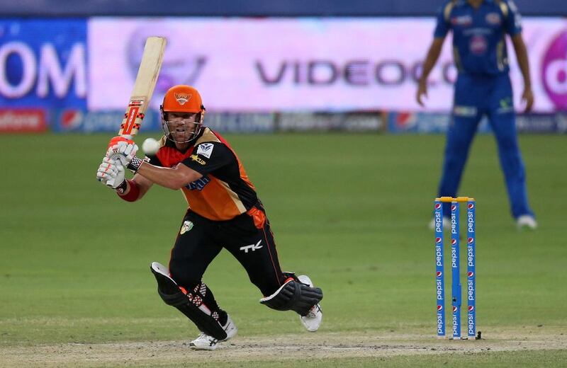 David Warner of Sunrisers Hyderabd playing a shot in the IPL match against Mumbai Indians in Dubai on Wednesday. Pawan Singh / The National / April 30, 2014