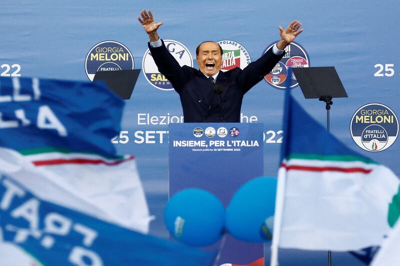 Italy's former prime minister and leader of the Forza Italia party, Silvio Berlusconi, attends the closing event of the electoral campaign, in Rome, before the September 25 general election. Reuters