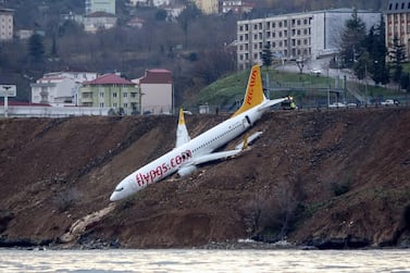 A Pegasus Airlines passenger plane skidded off the runway after landing at Trabzon, Turkey, in 2018. AFP Photo