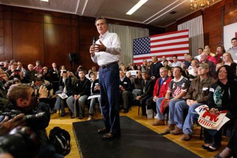 The Republican presidential candidate Mitt Romney at the Bayliss Park Hall in Iowa on Sunday. Polls show that most hopefuls are bunched tightly behind the former Massachusetts governor.