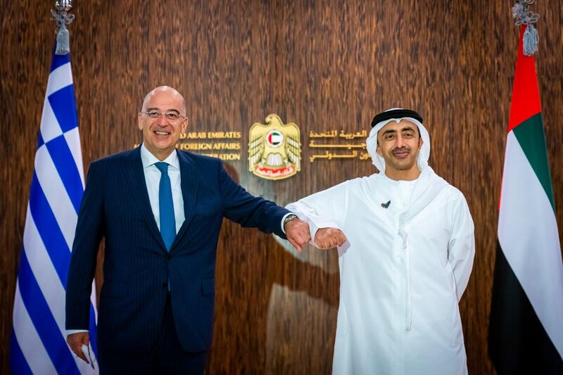 Sheikh Abdullah bin Zayed, Minister of Foreign Affairs and International Co-operation with Greek Foreign Minister Nikos Dendias. They discussed ways to grow relations between the two countries. Wam