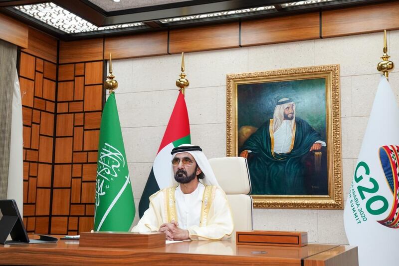 Sheikh Mohammed bin Rashid, Vice President and Ruler of Dubai, attends the virtual closing session for the G20 Summit. Courtesy: Dubai Media Office