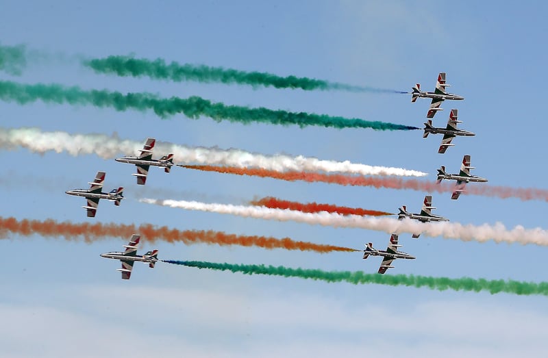 The Italian Air Force during a display at the Dubai Air show at DWC in Dubai. Pawan Singh / The National