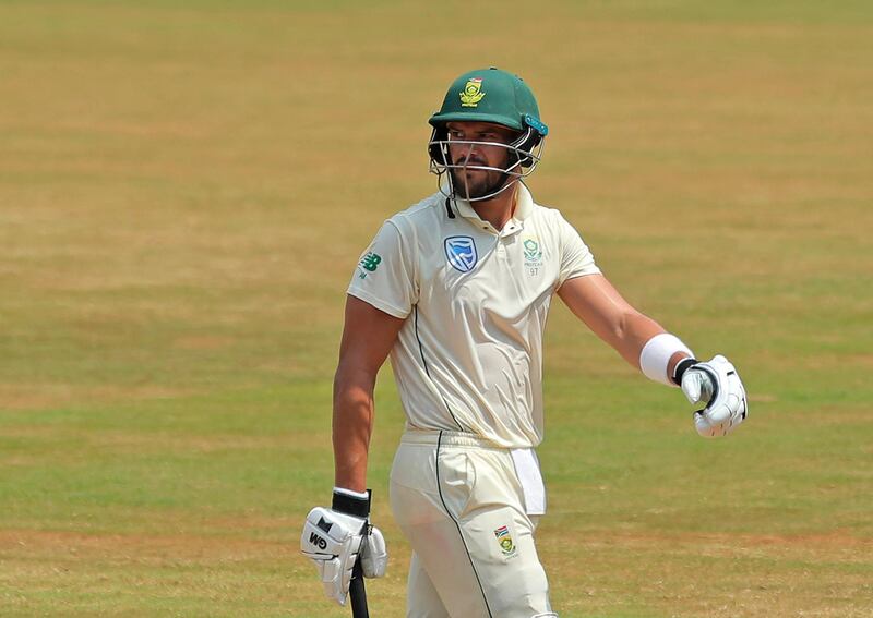 South Africa's Aiden Markram leaves after being dismissed by India's India's Ravindra Jadeja during the fifth day of the first cricket test match against India in Visakhapatnam, India, Sunday, Oct. 6, 2019. (AP Photo/Mahesh Kumar A.)