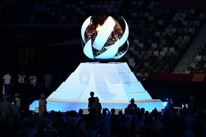 The Olympic cauldron with the Olympic flames during the closing ceremony.