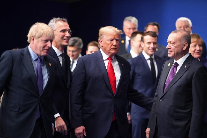 HERTFORD, ENGLAND - DECEMBER 04: British Prime Minister Boris Johnson, Secretary General of NATO Jens Stoltenberg, US President Donald Trump, French President Emmanuel Macron and Turkey President Recep Tayyip Erdogan during the annual NATO heads of government summit on December 4, 2019 in Watford, England. France and the UK signed the Treaty of Dunkirk in 1947 in the aftermath of WW2 cementing a mutual alliance in the event of an attack by Germany or the Soviet Union. The Benelux countries joined the Treaty and in April 1949 expanded further to include North America and Canada followed by Portugal, Italy, Norway, Denmark and Iceland. This new military alliance became the North Atlantic Treaty Organisation (NATO). The organisation grew with Greece and Turkey becoming members and a re-armed West Germany was permitted in 1955. This encouraged the creation of the Soviet-led Warsaw Pact delineating the two sides of the Cold War. This year marks the 70th anniversary of NATO. (Photo by Jeremy Selwyn - WPA Pool/Getty Images)