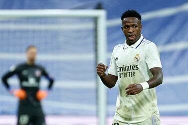 Real Madrid's Vinicius Jr.  celebrates his goal during the Spanish King's Cup quarter finals soccer match between Real Madrid and Atletico Madrid held at Santiago Bernabeu Stadium, in Madrid, central Spain, 26 January 2023.   EPA / Rodrigo Jimenez