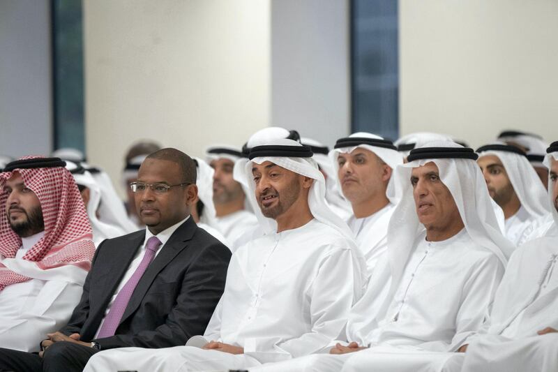 ABU DHABI, UNITED ARAB EMIRATES - May 20, 2019: (R-L) HH Sheikh Saud bin Saqr Al Qasimi, UAE Supreme Council Member and Ruler of Ras Al Khaimah, HH Sheikh Mohamed bin Zayed Al Nahyan, Crown Prince of Abu Dhabi and Deputy Supreme Commander of the UAE Armed Forces, HE Boubou Cisse, Prime Minister of Mali and HRH Prince Turki bin Mohammed bin Fahd bin Abdulaziz, Minister of State and member of the Council of Ministers of Saudi Arabia, attend a lecture by James Mattis, Former US Secretary of Defense (not shown), titled: 'The Value of the UAE - US Strategic Relationship', at Majlis Mohamed bin Zayed.

( Rashed Al Mansoori / Ministry of Presidential Affairs )
---