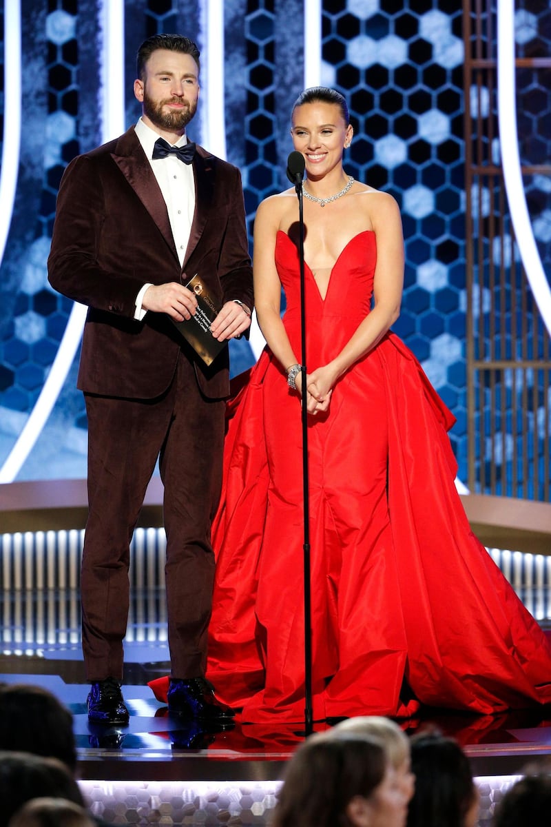 Chris Evans and Scarlett Johansson on stage at the 77th annual Golden Globe Awards at the Beverly Hilton Hotel on January 5, 2020. Reuters