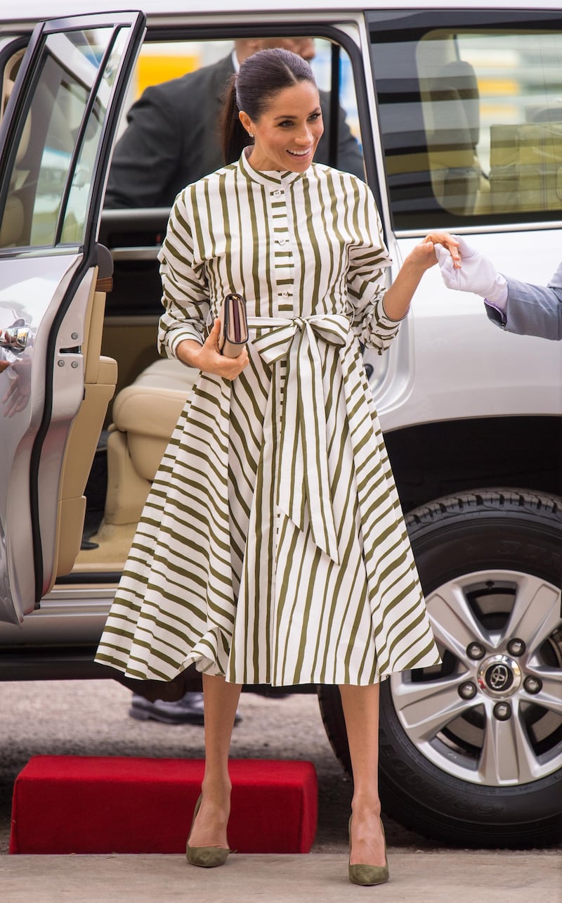 Meghan, Duchess of Sussex, wears Martin Grant at the Fa'onelua Convention Centre on October 26, 2018 in Nuku'alofa, Tonga. Getty