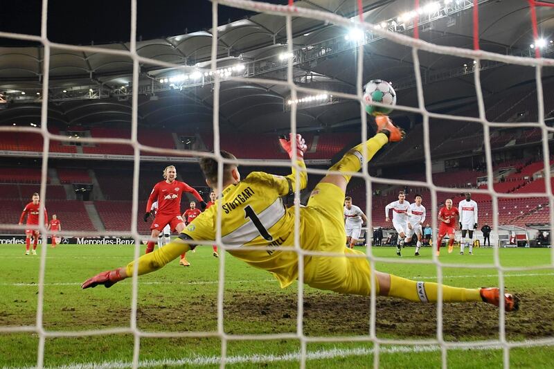 Stuttgart goalkeeper Gregor Kobel saves a penalty from Emil Forsberg of RB Leipzig during the Bundesliga match at the Mercedes-Benz Arena on Saturday, January 2. Leipzig won the match 1-0. EPA