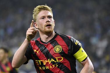 HOUSTON, TEXAS - JULY 20: Kevin De Bruyne of Manchester City celebrates after scoring their sides second goal during the Pre-Season friendly match between Manchester City and Club America at NRG Stadium on July 20, 2022 in Houston, Texas.    Logan Riely / Getty Images / AFP
