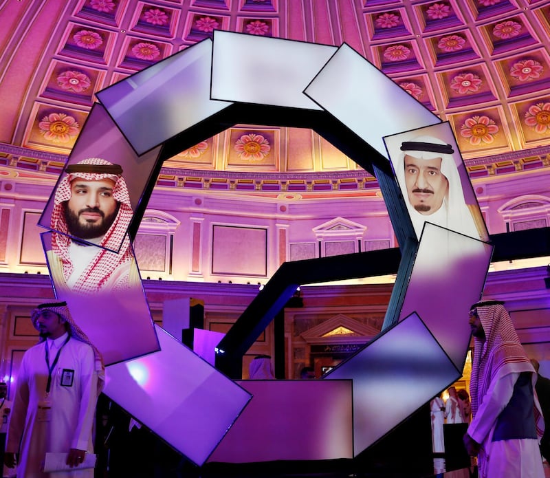 Pictures of Saudi Arabia's Crown Prince Mohammed bin Salman and Saudi Arabia's King Salman bin Abdulaziz are seen during the launching of National Industrial Development and Logistics Program (NIDLP) in Ritz-Carlton hotel in Riyadh, Saudi Arabia January 28, 2019. REUTERS/Faisal al-Nasser