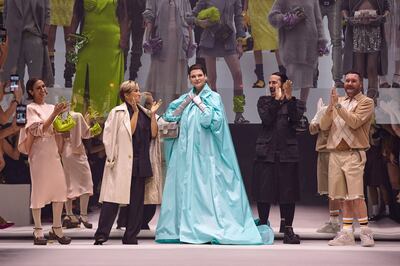 Canadian model Linda Evangelista, centre, joined Fendi designers at New York Fashion Week on Friday. AFP