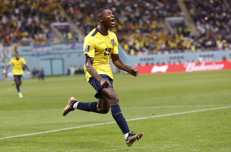 Moises Caicedo of Ecuador celebrates after levelling at 1-1. EPA