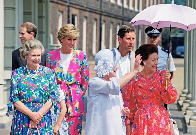 LONDON, UNITED KINGDOM - AUGUST 04:  Left To Right: Prince Edward, The Queen, Princess Diana, The Queen Mother, Prince Charles And Princess Margaret Outside Clarence House On The Queen Mother's 90th Birthday.  (Photo by Tim Graham Photo Library via Getty Images)