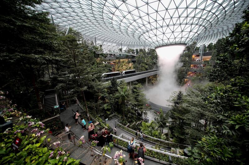 The Rain Vortex is the world's tallest indoor waterfall and the lush greenery that surrounds it.  EPA