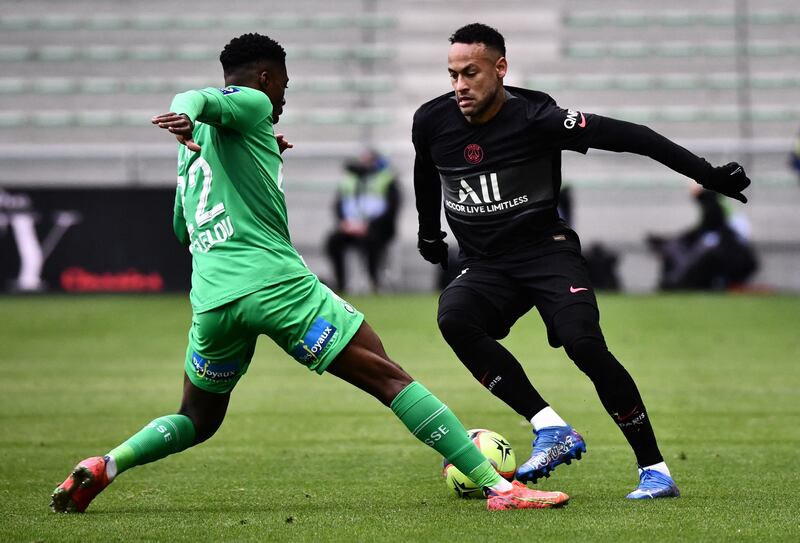 PSG forward Neymar takes on Saint-Etienne defender Alpha Sissoko. AFP