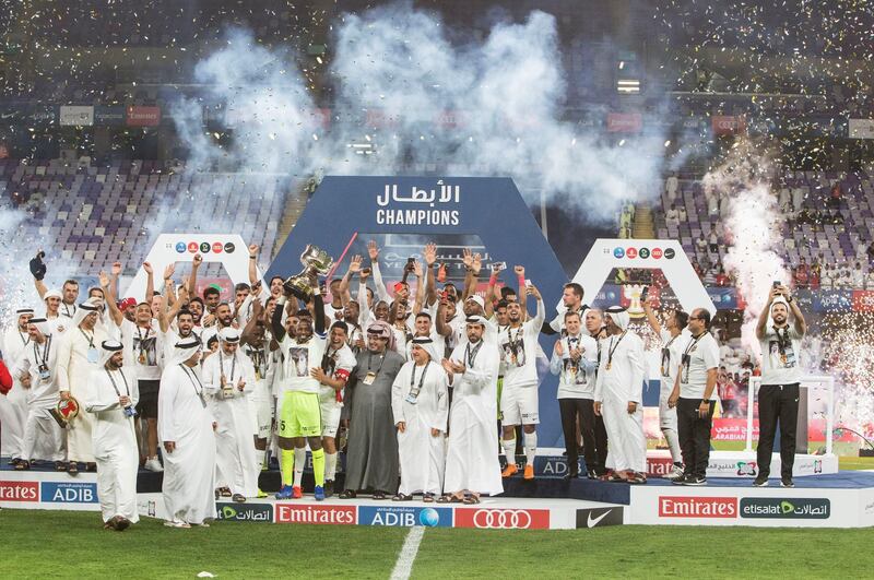 AL AIN, UNITED ARAB EMIRATES - The champions of AGL Shabab Al Ahli Dubai at Al Wahda vs Shabab Al Ahli Dubai AGC Final Match at Hazza Bin Zayed Stadium, Al Ain.  Leslie Pableo for The National