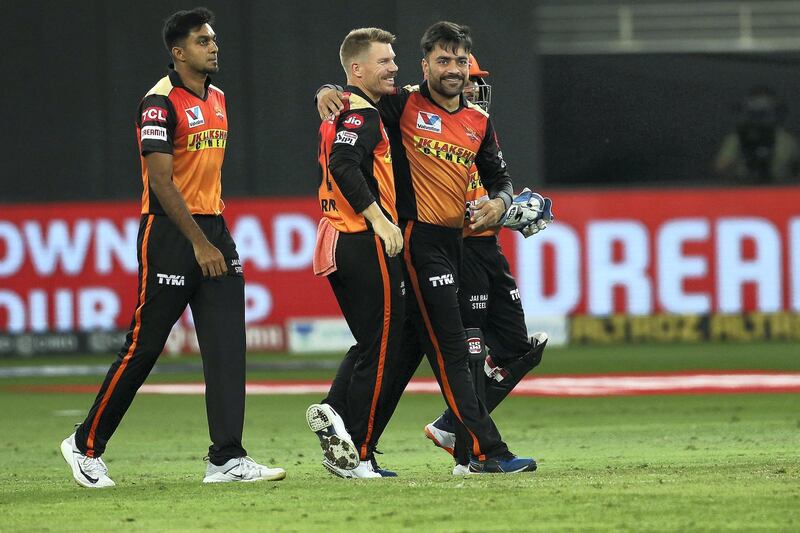 Rashid Khan of Sunrisers Hyderabad celebrates the wicket of Ajinkya Rahane of Delhi Capitals during match 47 of season 13 of the Dream 11 Indian Premier League (IPL) between the Sunrisers Hyderabad and the Delhi Capitals held at the Dubai International Cricket Stadium, Dubai in the United Arab Emirates on the 27th October 2020.  Photo by: Ron Gaunt  / Sportzpics for BCCI