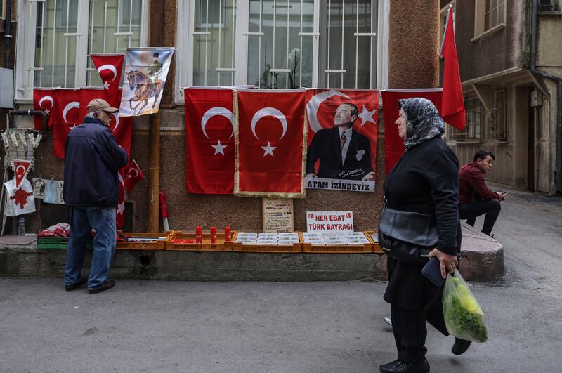 Turkish flags on display in Bursa on Thursday. The country is grappling with several serious domestic challenges, including inflation, a depreciating currency and the aftermath of February’s earthquake. EPA