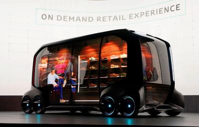 REFILE - CORRECTNG VEHICLE SPELLING  Toyota Motor Corporation, displays the "e-Palette", a new fully self-driving electric concept vehicle designed to be used for ride hailing, parcel delivery services and other uses at CES in Las Vegas, Nevada, U.S., January 8, 2018.  REUTERS/Rick Wilking
