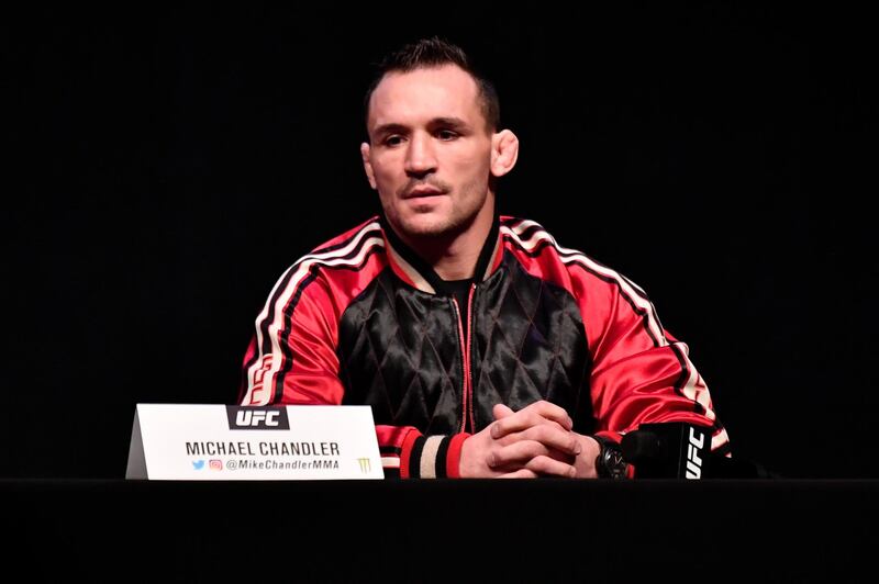 ABU DHABI, UNITED ARAB EMIRATES - JANUARY 21:  Michael Chandler interacts with media during the UFC 257 press conference event inside Etihad Arena on UFC Fight Island on January 21, 2021 in Yas Island, Abu Dhabi, United Arab Emirates. (Photo by Jeff Bottari/Zuffa LLC via Getty Images)