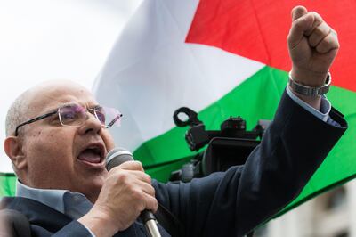 Kamel Hawwash addresses a pro-Palestine rally outside Downing Street. Alamy