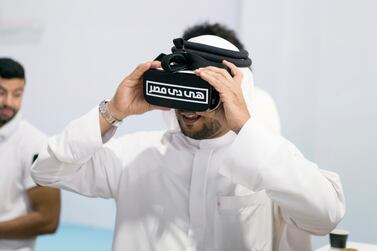 DUBAI, UNITED ARAB EMIRATES, APR 26, 2016. A man tries a virtual reality goggle at Egypt's stand in Arabian Travel Market (ATM), the region’s largest gathering of the travel industry. 

The four-day, 23rd edition of the travel trade fair at the Dubai International Convention and Exhibition Centre is expected to draw more than 26,000 visitors and 2,800 exhibitors this year.

Last year, the exhibition reported 27,138 visitors, a 15 per cent increase over the previous year, and 3,285 exhibitors – up by almost a fifth. Photo: Reem Mohammed/ The National (Section: BZ-NEWS) Job ID 81526 *** Local Caption ***  RM_20160426_TRAVEL_21.JPG