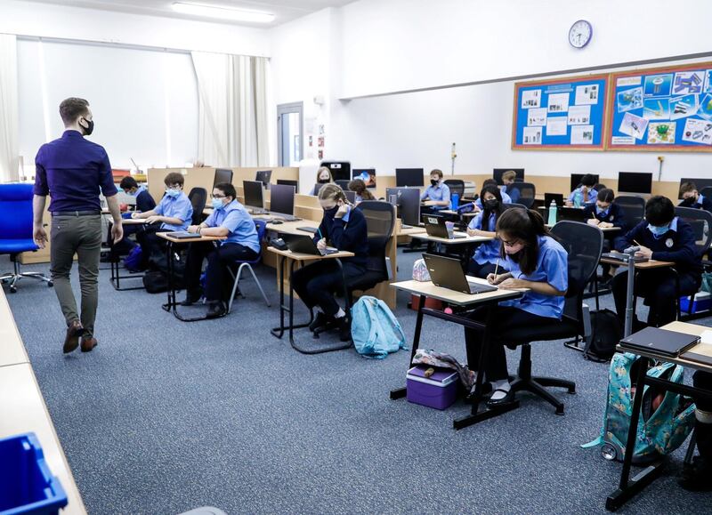 Abu Dhabi, United Arab Emirates, February 16, 2021.  Pupils return to school on Sunday at British School Al Khubairat.  Pupils are distanced in class and are required to wear their face masks throuought the day.
Victor Besa/The National
Reporter:  Haneen Dajani
Section:  NA